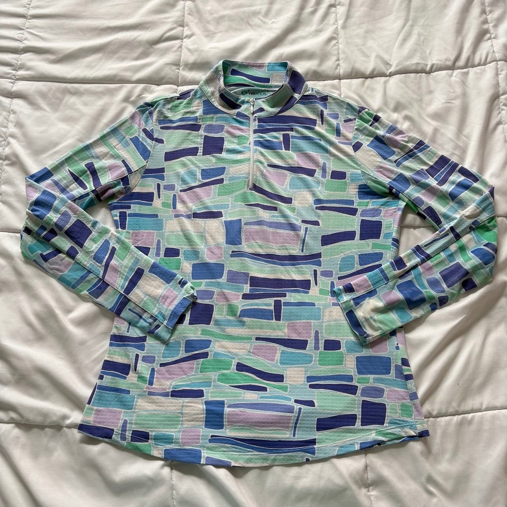 IBKUL Womens Blue Green Geometric Quarter Zip Sun Shirt Top Medium Gorpcore